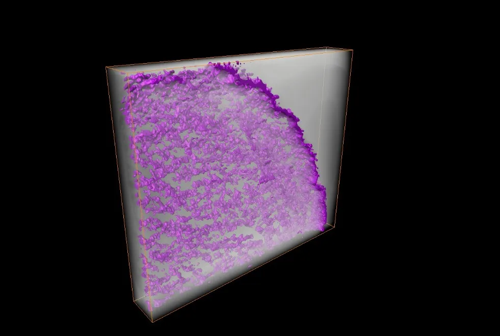 CT-Darstellung einer additiv gefertigten metallischen Gitterprobe mit Porositätsanalyse