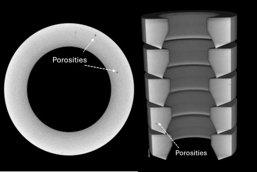 CT slice and 3D rendering of a ring-shaped cast part with porosities marked