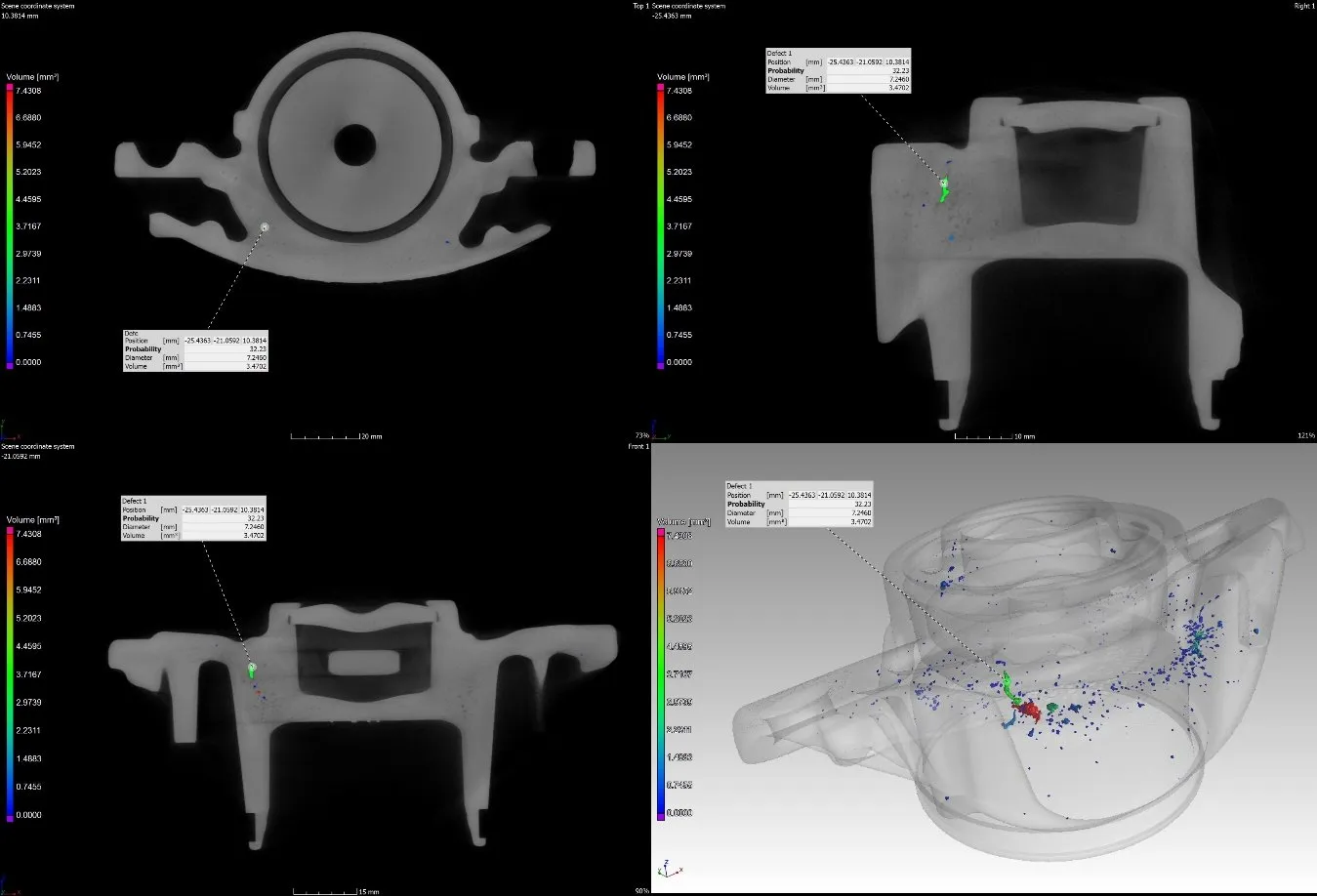 CT-Schnitte und 3D-Darstellung eines Gussgehäuses mit farbig markierter Porosität