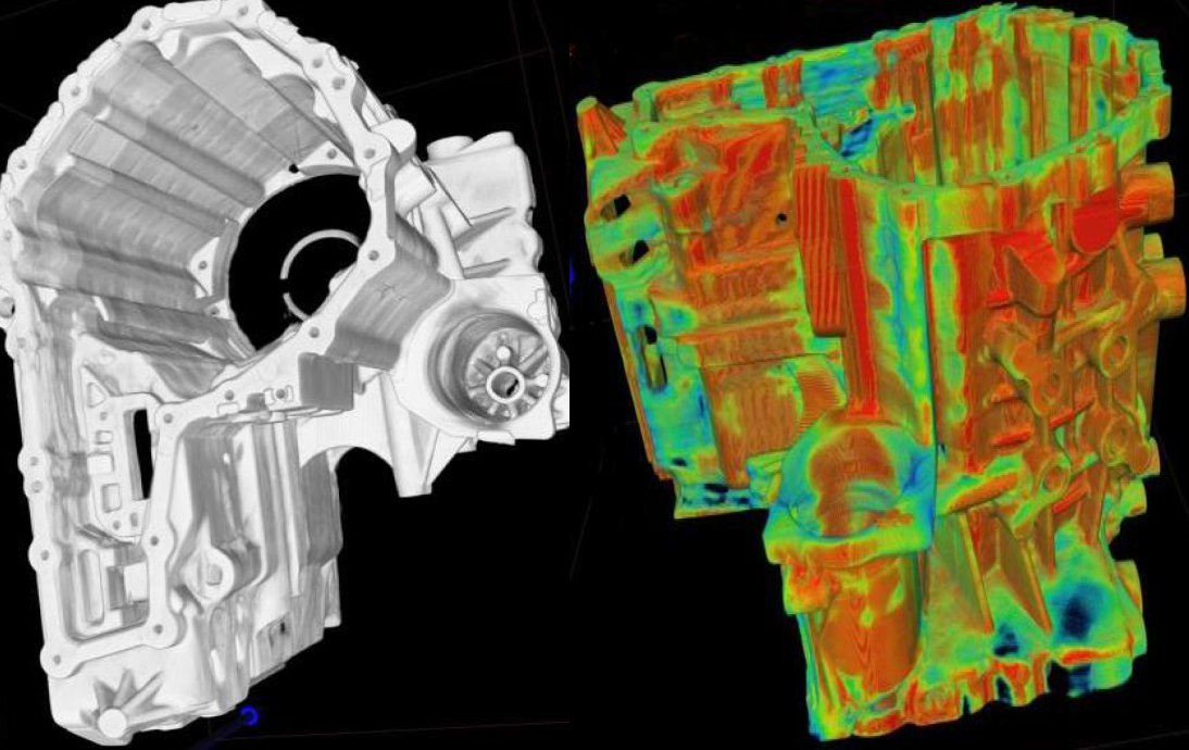 CT volume of a cast housing with colour-coded wall thickness analysis