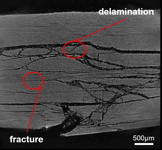 CT image of a composite laminate with delamination and fracture marked