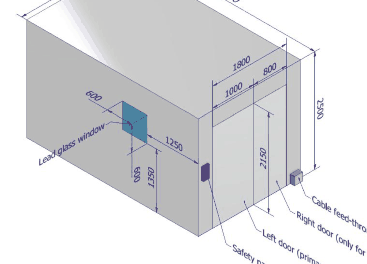 Technical drawing of a walk-in X-ray cabinet with split swing doors, lead-glass window and cable feed-through
