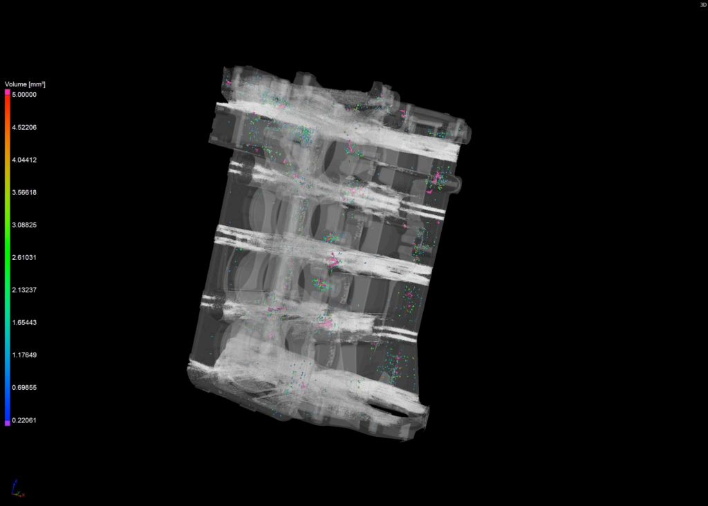 CT image showing colour-coded pore size distribution in a scanned part
